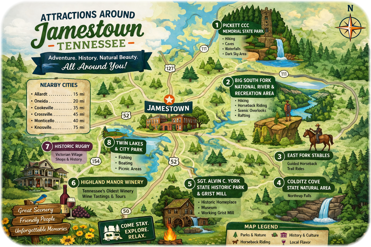 map of where True West Campground is located and the attrations in the area